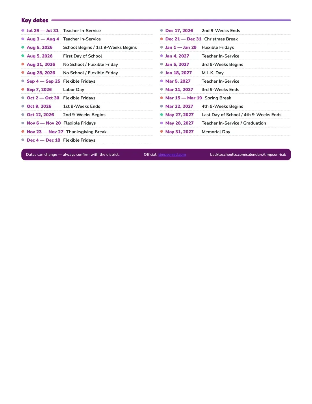 Timpson ISD Calendar for the Year 26-27 — key dates