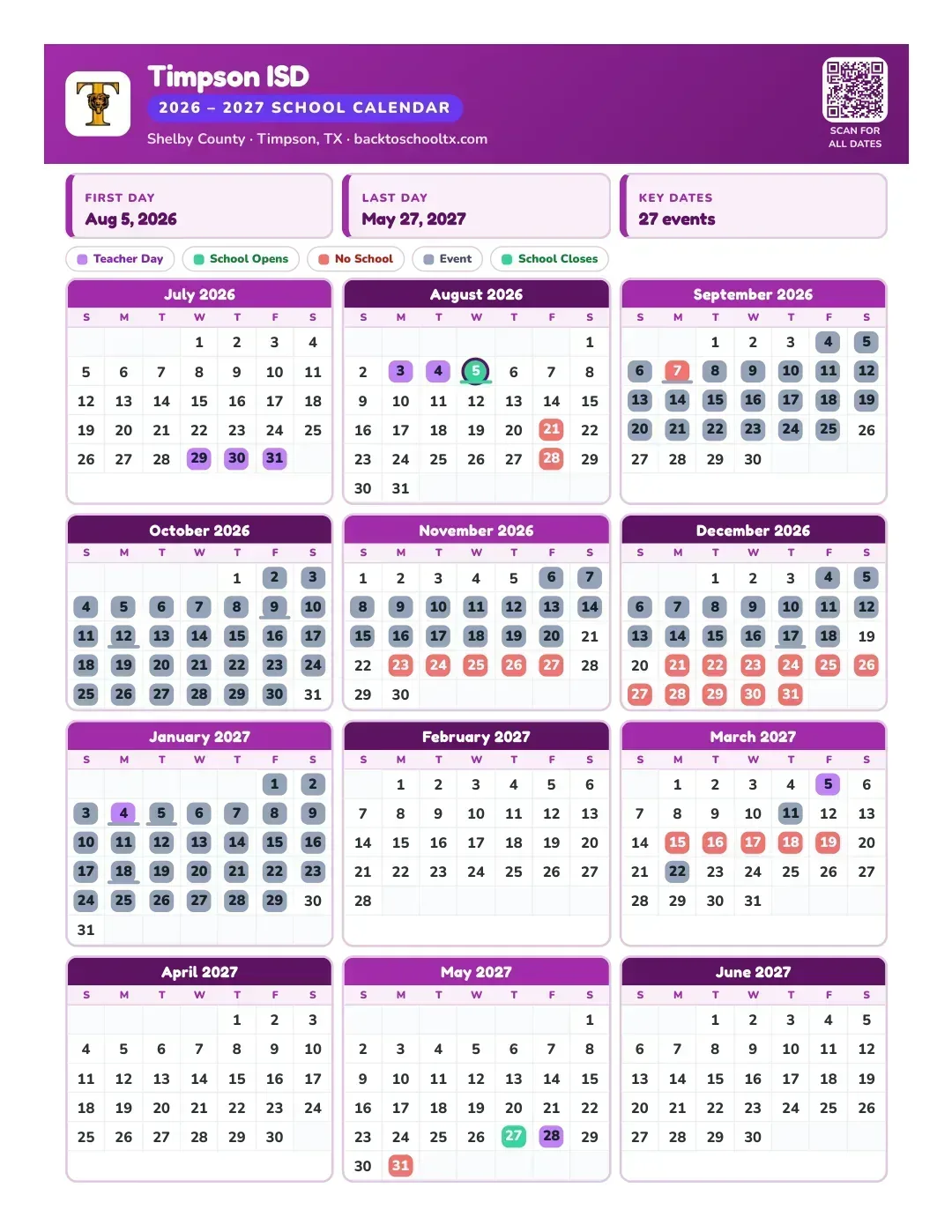 Timpson ISD Calendar for the Year 26-27