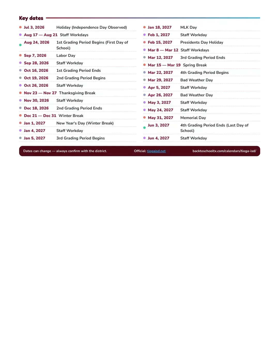 Tioga ISD Calendar for the Year 26-27 — key dates