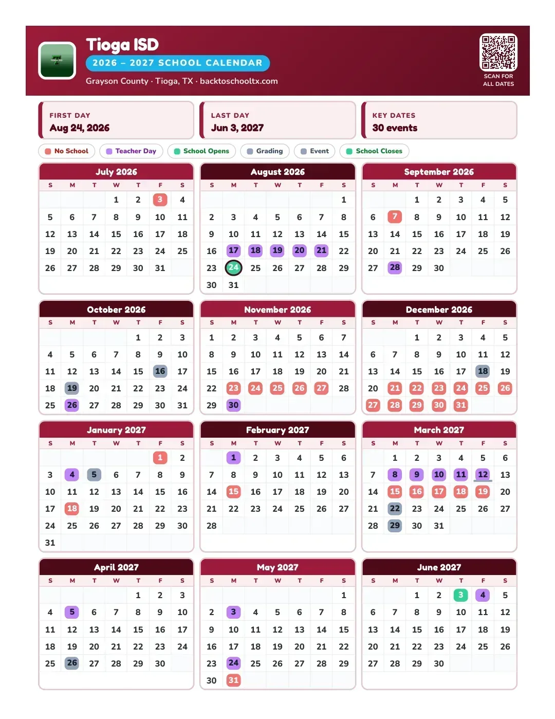 Tioga ISD Calendar for the Year 26-27