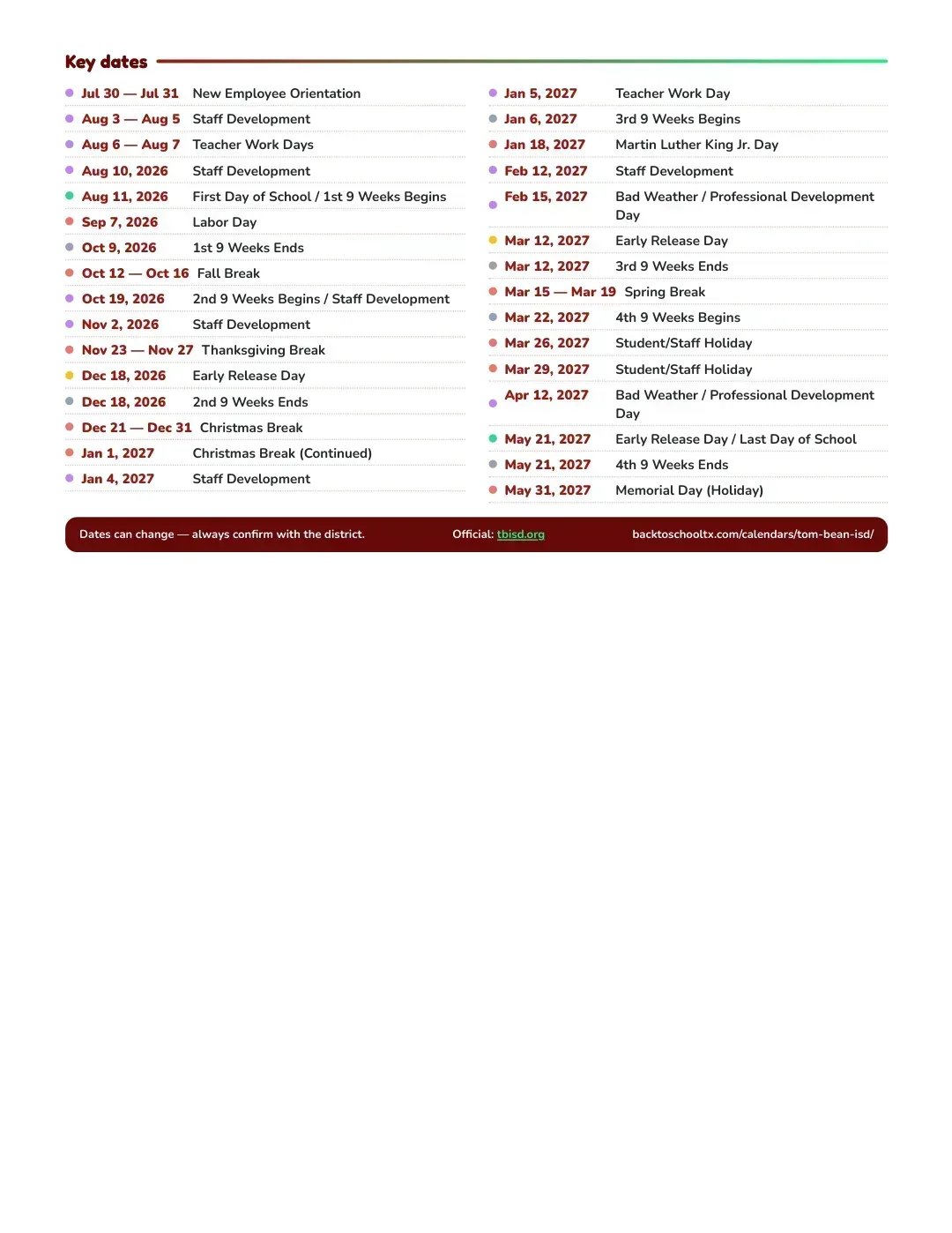 Tom Bean ISD Calendar for the Year 26-27 — key dates