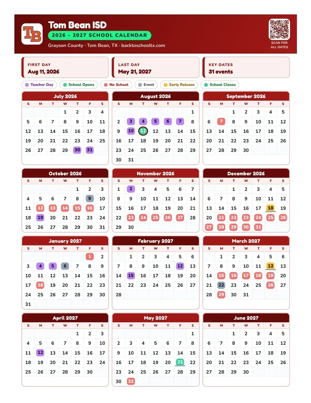 Tom Bean ISD Calendar for the Year 26-27