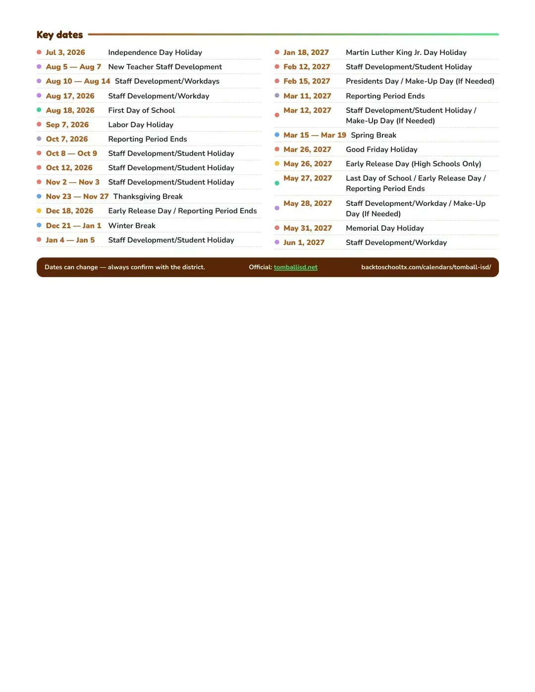 Tomball ISD Calendar for the Year 26-27 — key dates