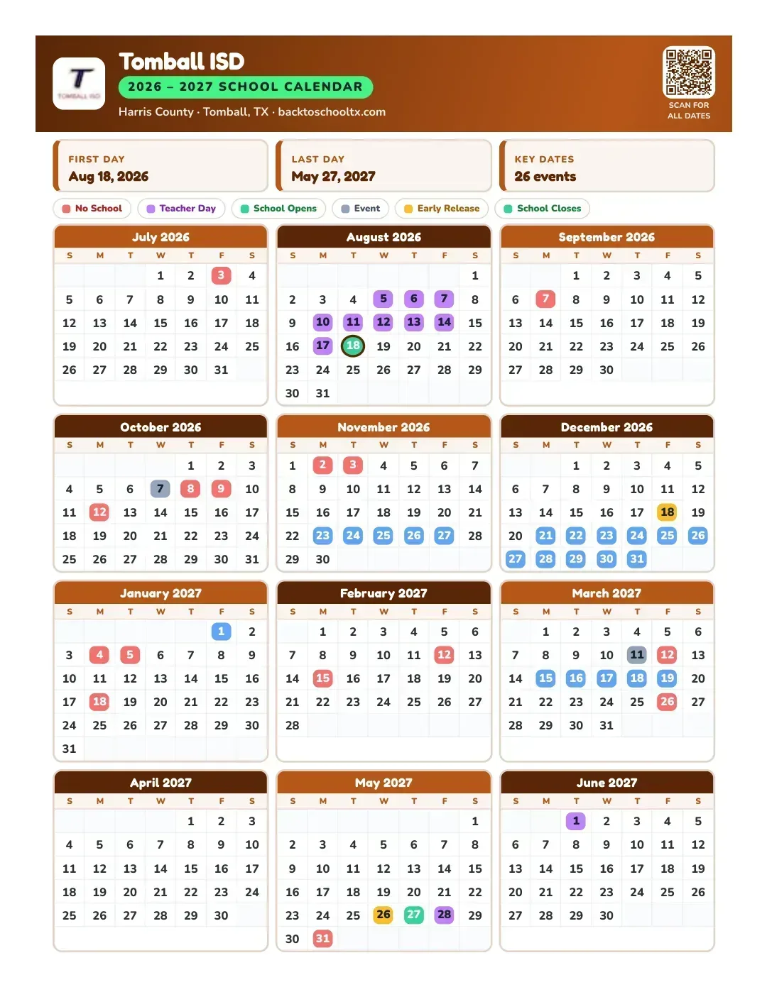 Tomball ISD Calendar for the Year 26-27