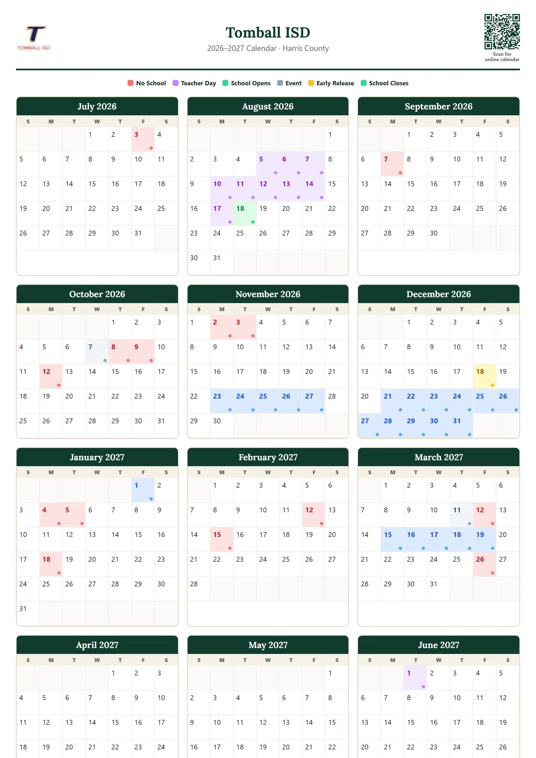 Tomball ISD printable 2026–2027 calendar