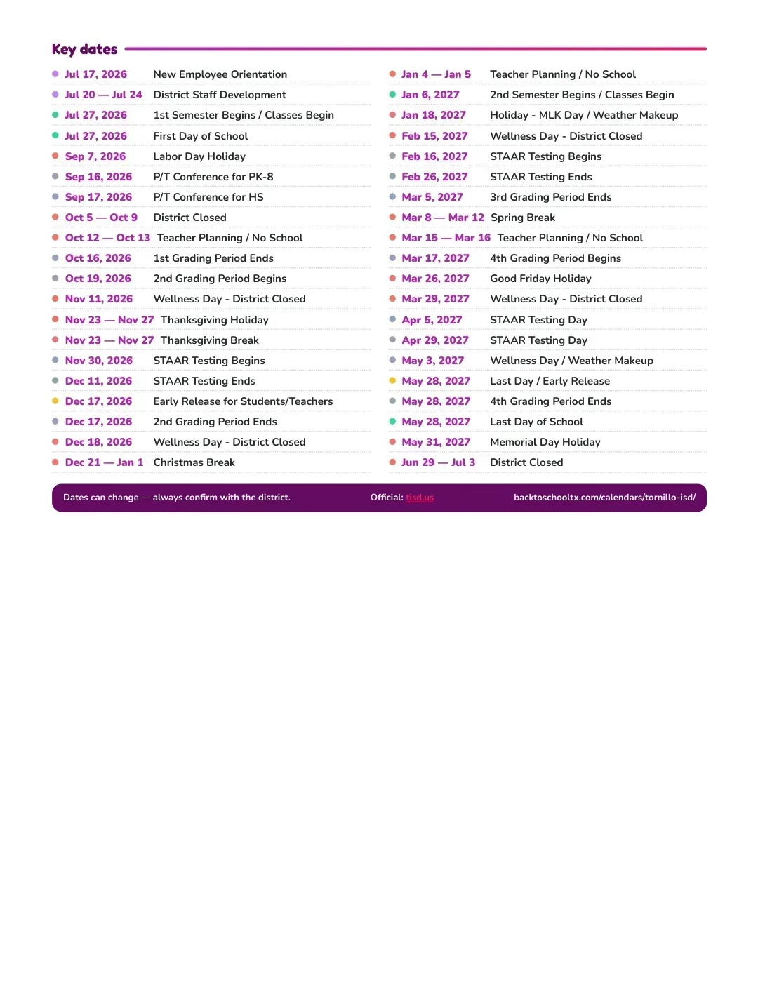 Tornillo ISD Calendar for the Year 26-27 — key dates