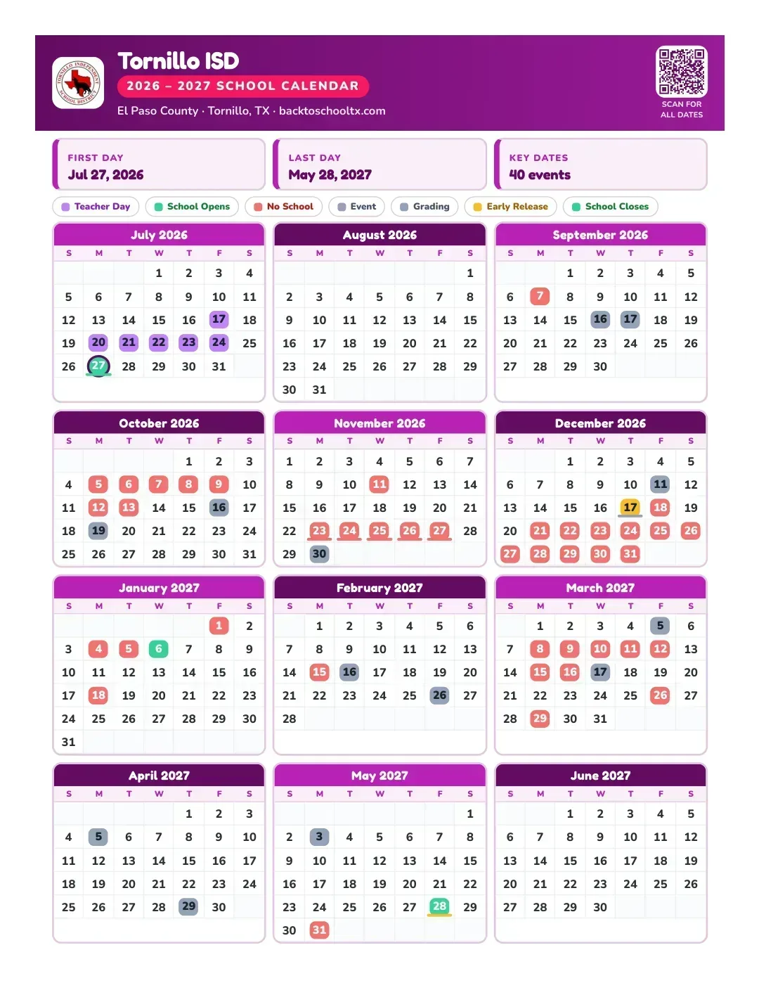Tornillo ISD Calendar for the Year 26-27