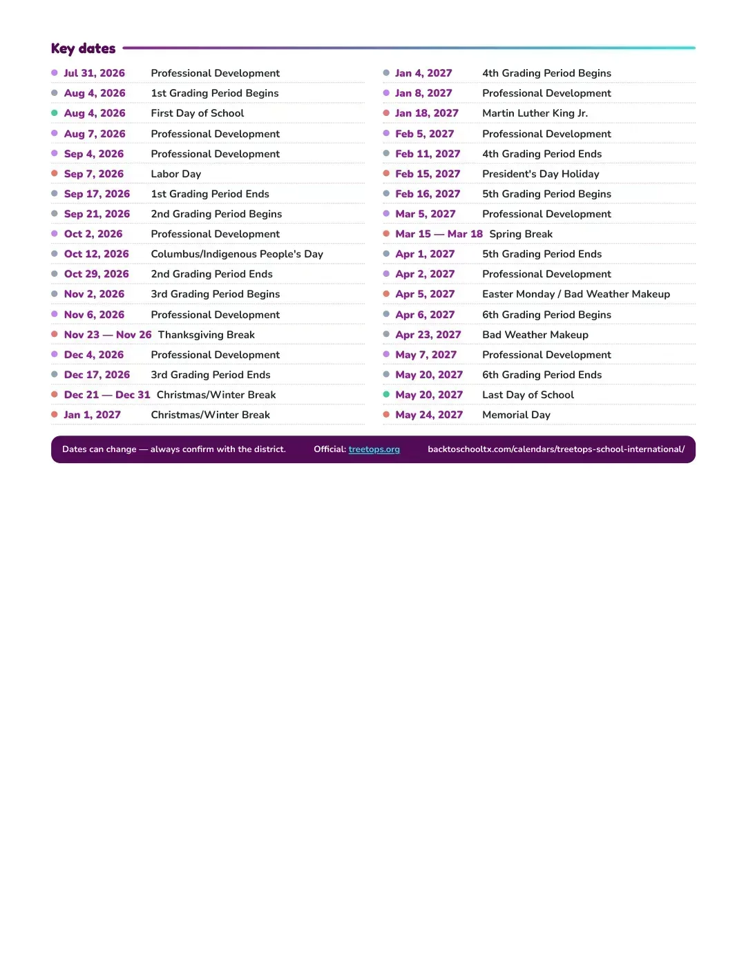 Treetops School International Calendar for the Year 26-27 — key dates