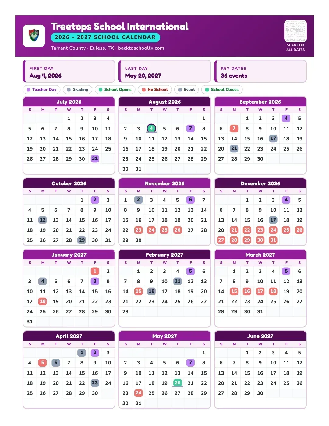 Treetops School International Calendar for the Year 26-27