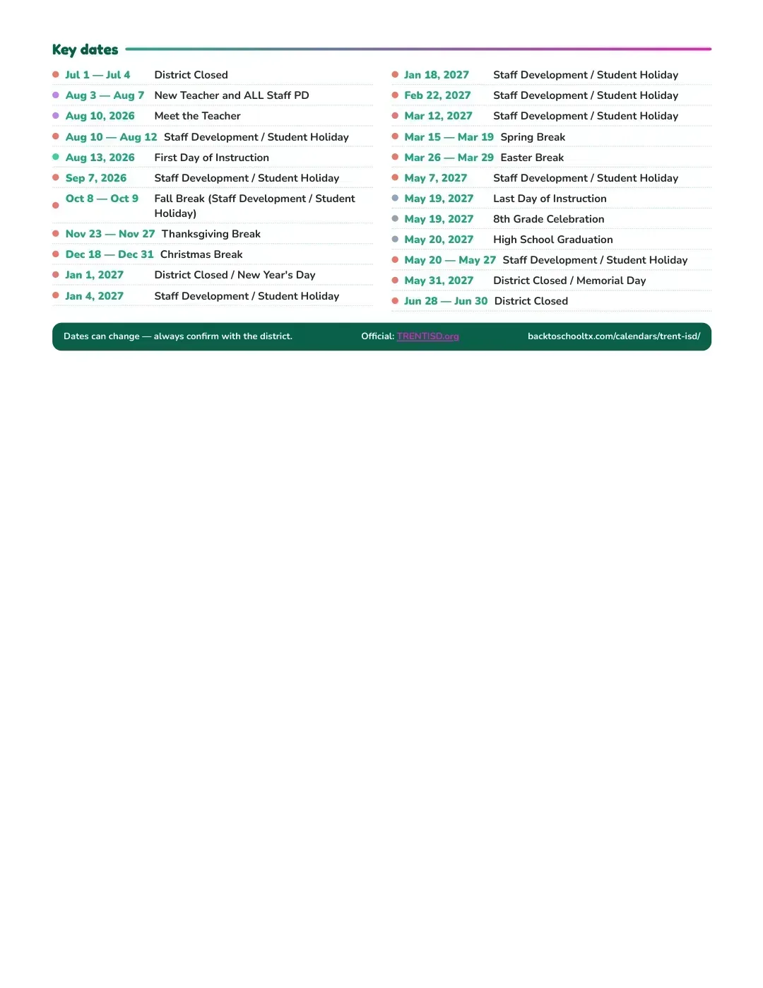 Trent ISD Calendar for the Year 26-27 — key dates