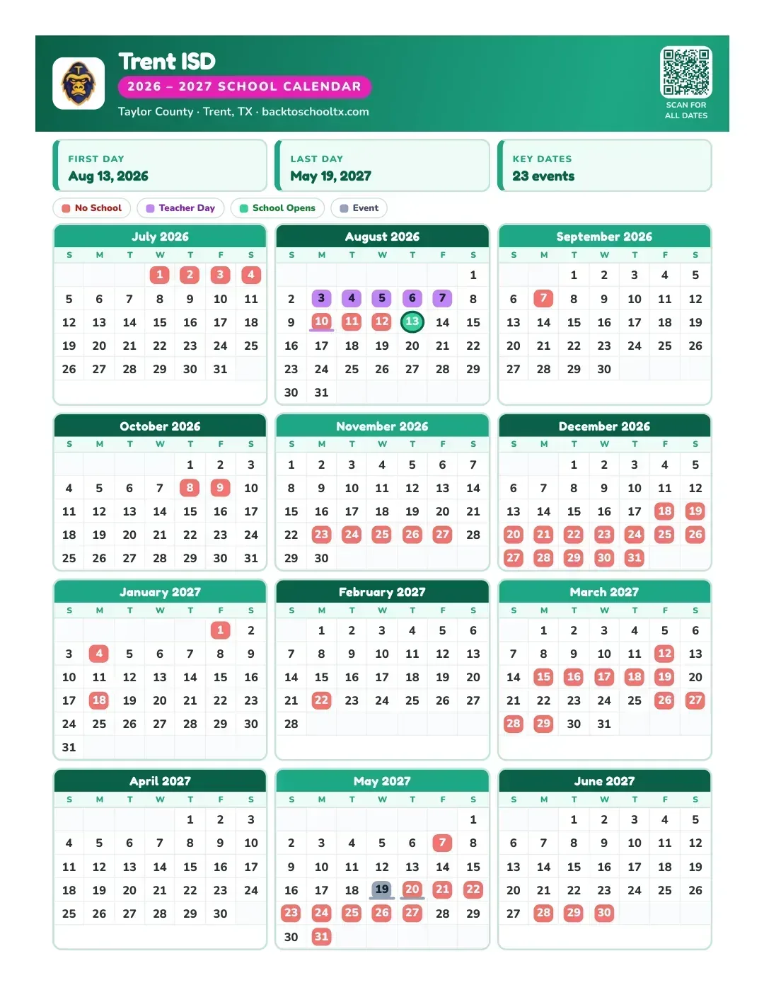 Trent ISD Calendar for the Year 26-27