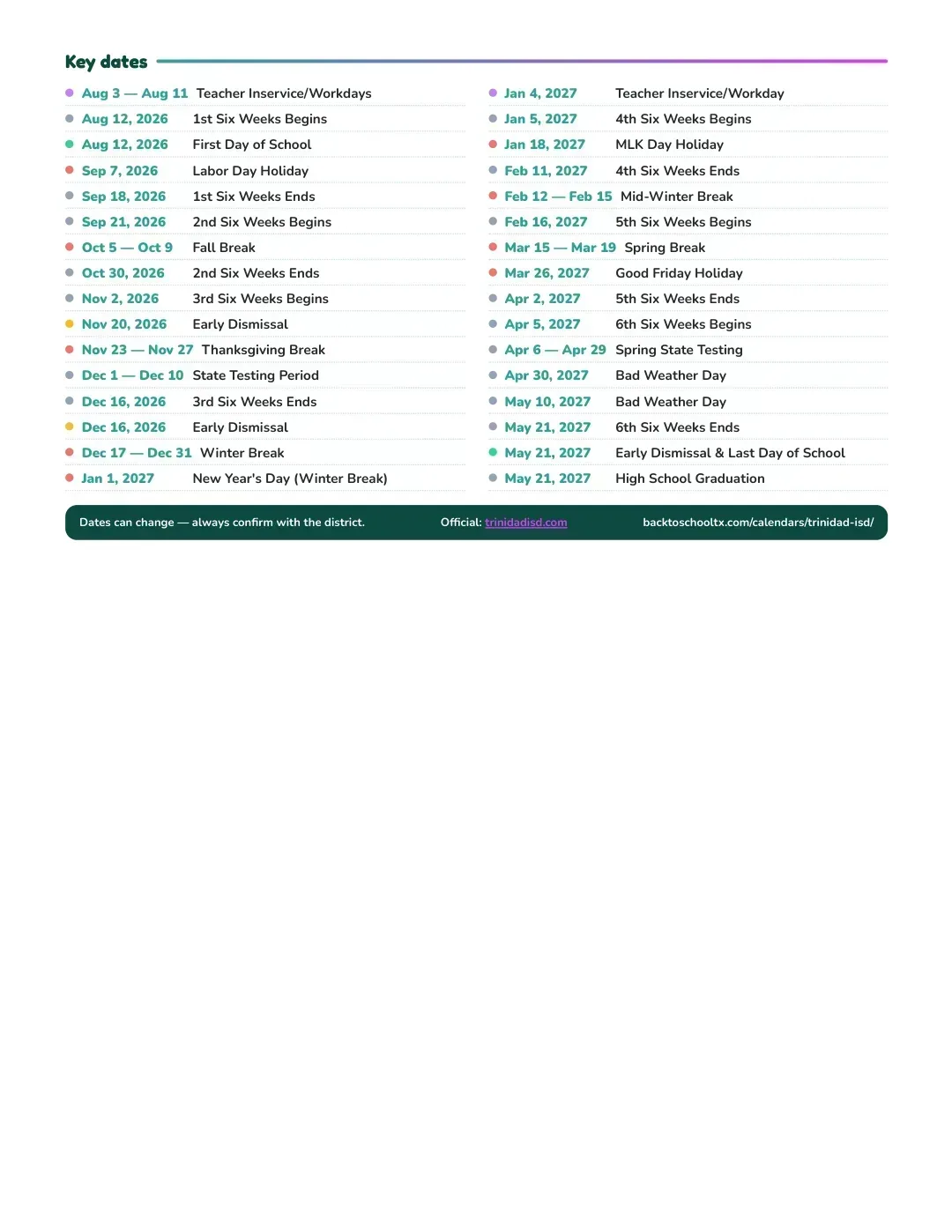 Trinidad ISD Calendar for the Year 26-27 — key dates