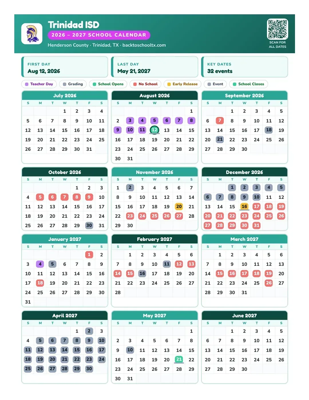 Trinidad ISD Calendar for the Year 26-27