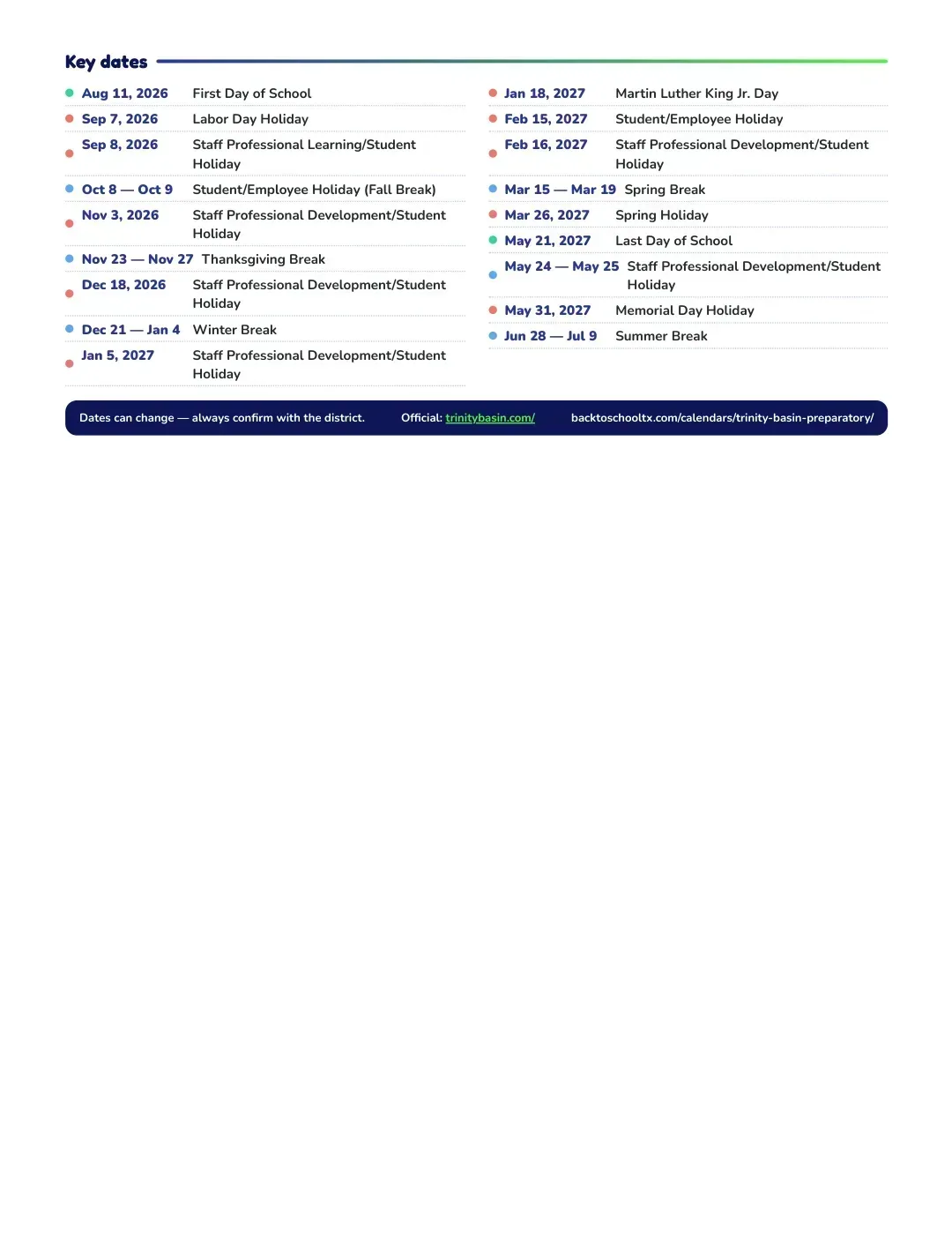 Trinity Basin Preparatory Calendar for the Year 26-27 — key dates