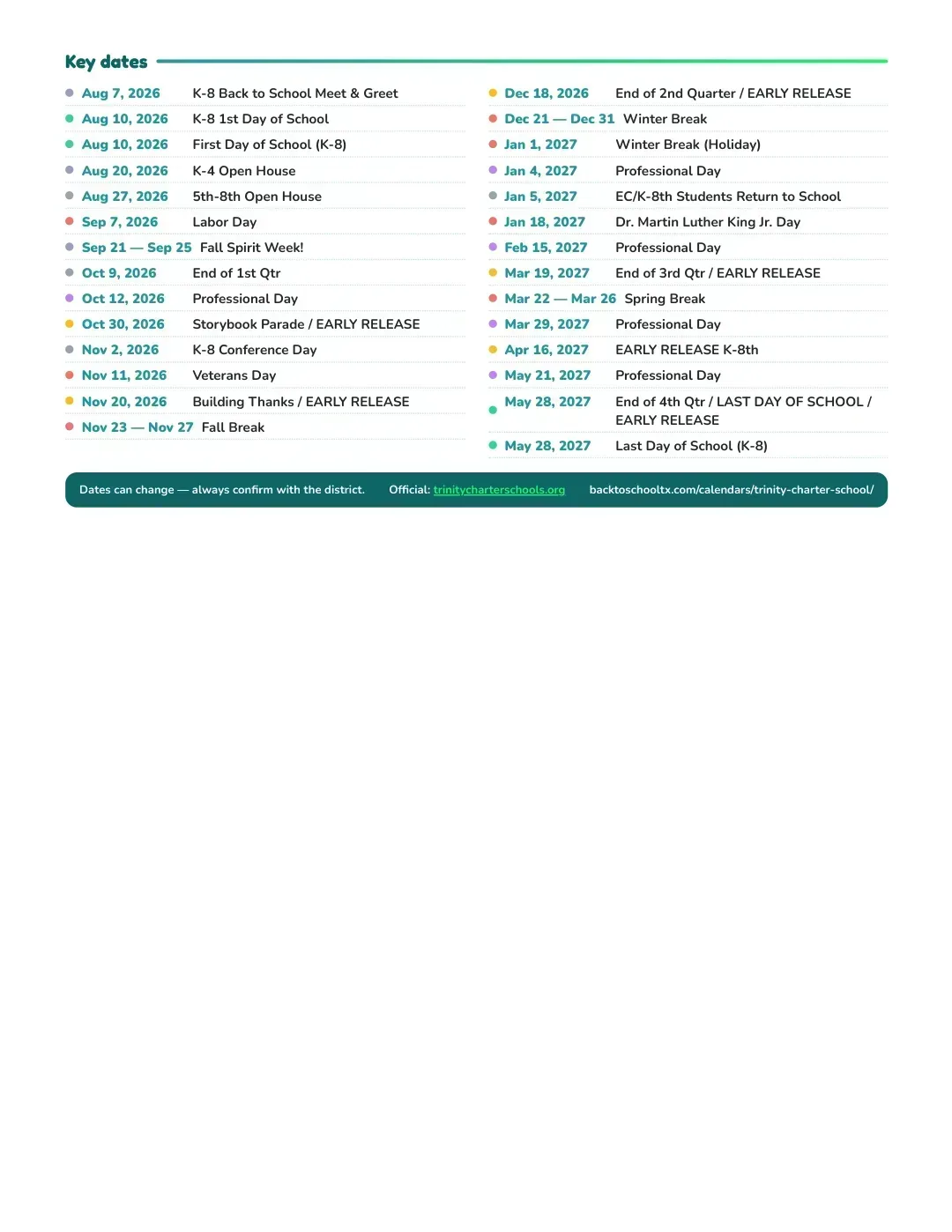 Trinity Charter School Calendar for the Year 26-27 — key dates
