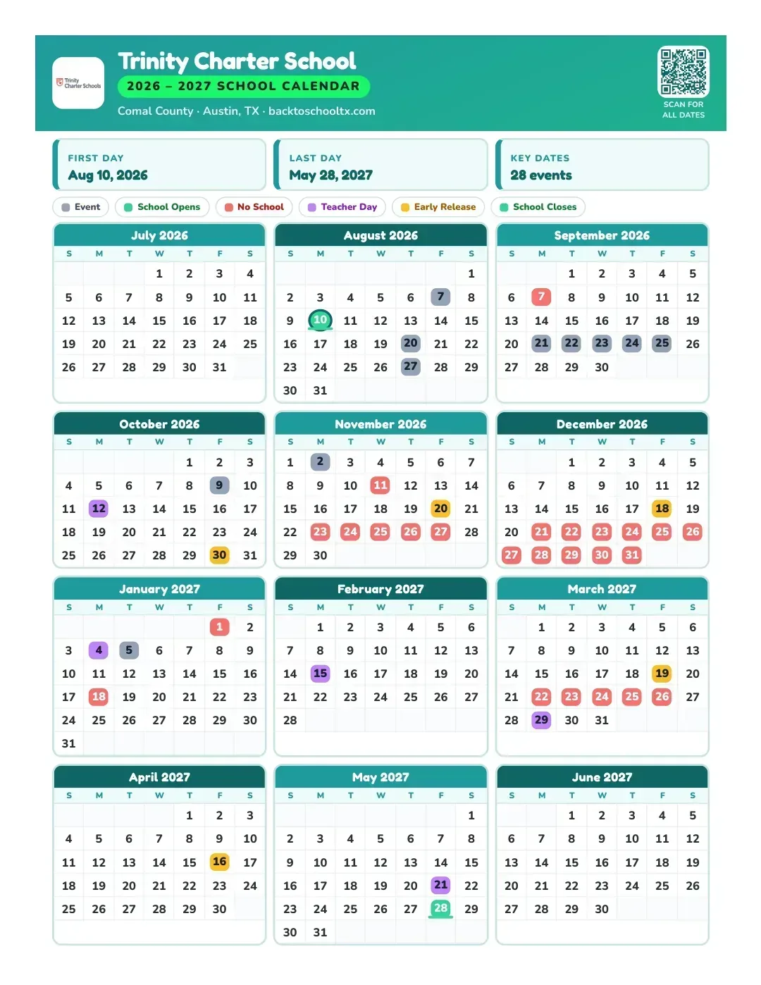 Trinity Charter School Calendar for the Year 26-27