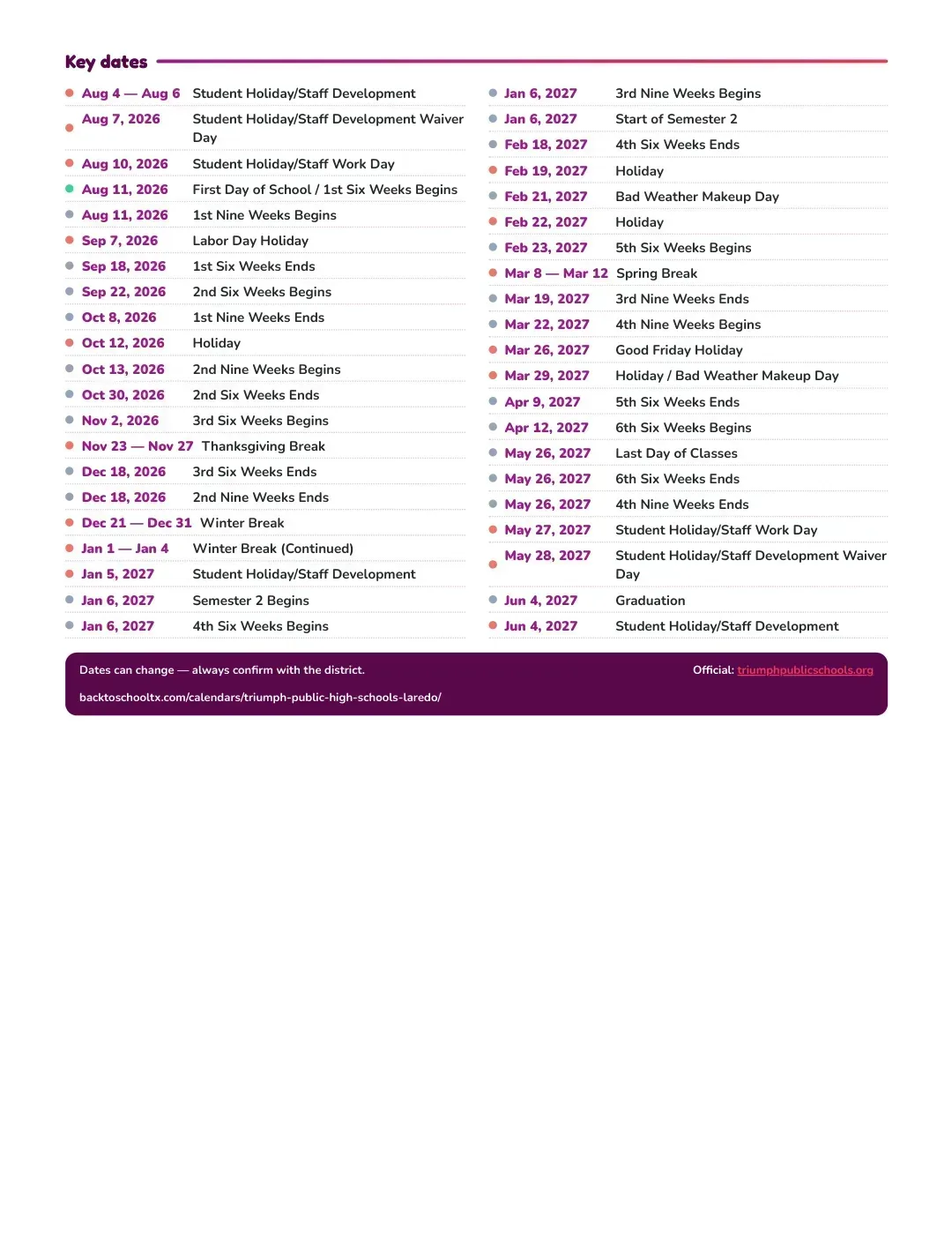 Triumph Public High Schools-laredo Calendar for the Year 26-27 — key dates