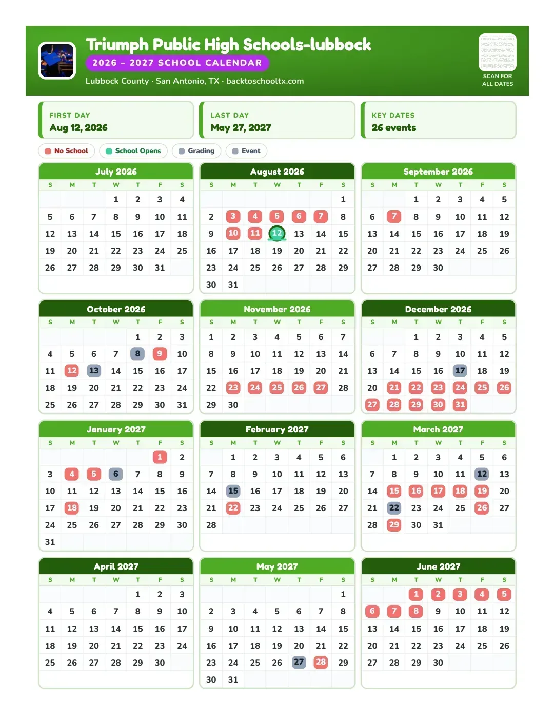Triumph Public High Schools-lubbock Calendar for the Year 26-27