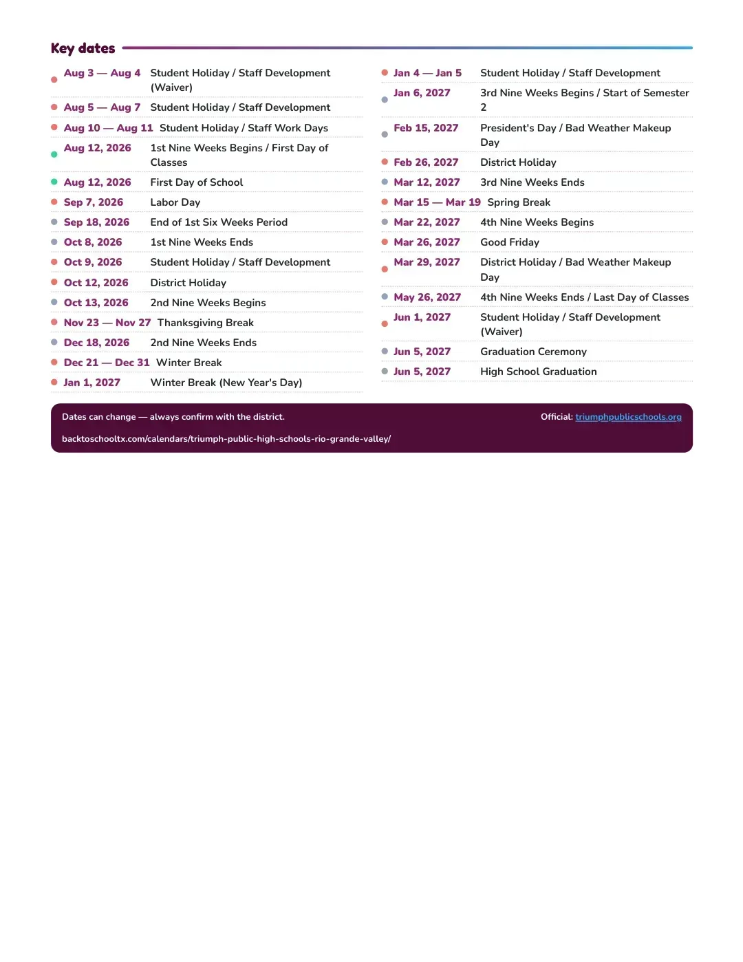 Triumph Public High Schools-rio Grande Valley Calendar for the Year 26-27 — key dates