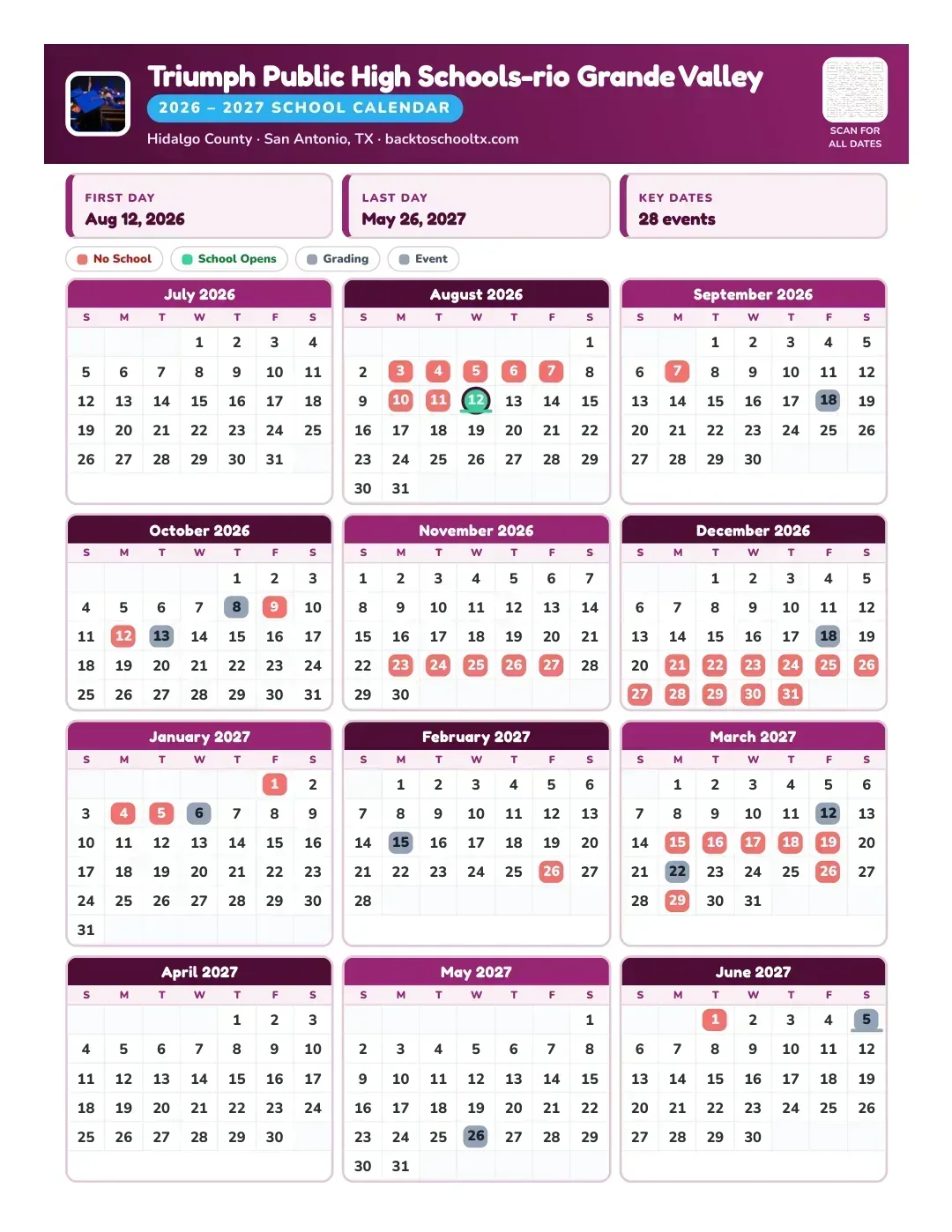 Triumph Public High Schools-rio Grande Valley Calendar for the Year 26-27