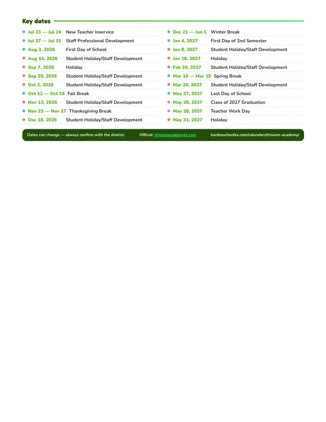Trivium Academy Calendar for the Year 26-27 — key dates