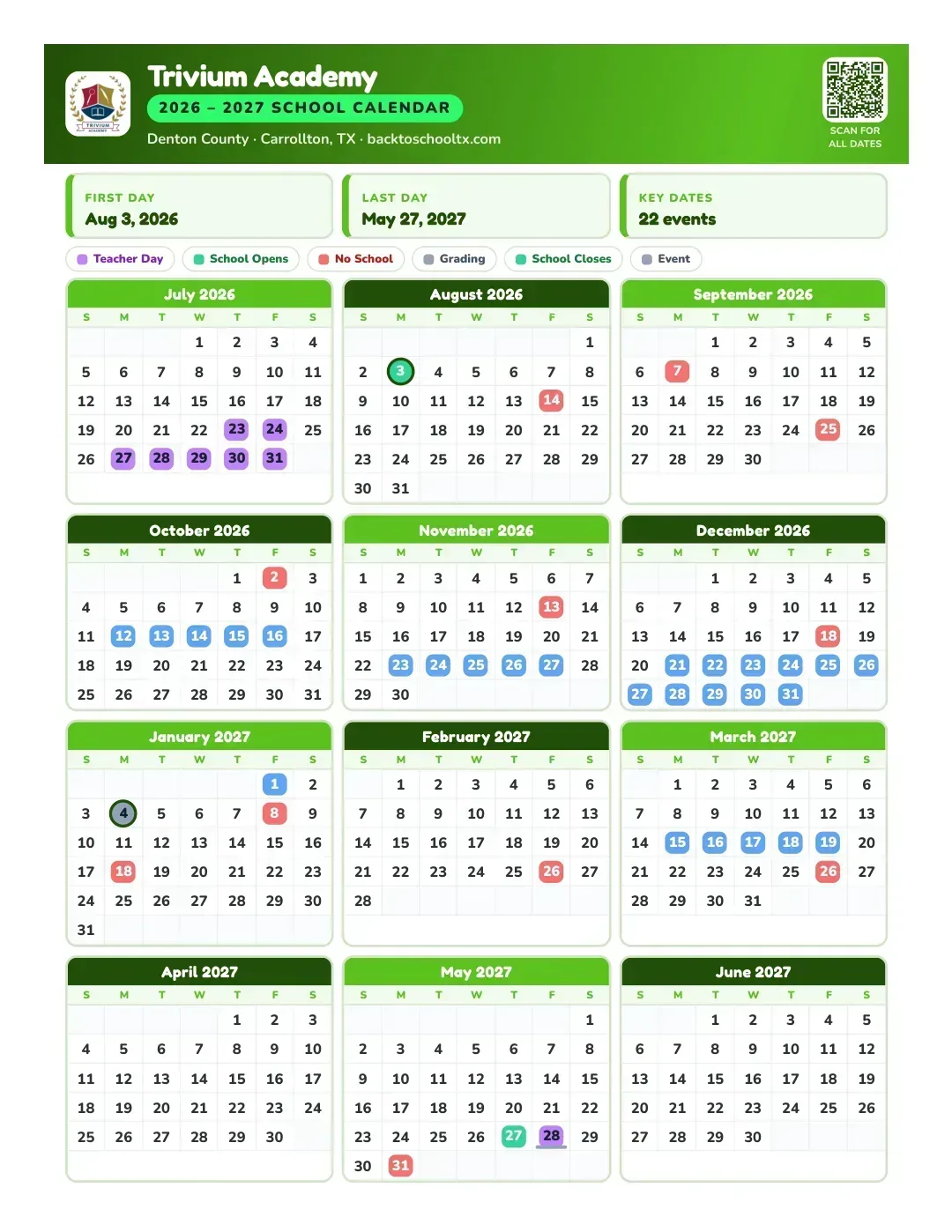 Trivium Academy Calendar for the Year 26-27