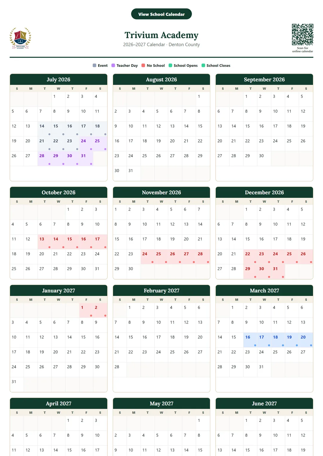 Trivium Academy printable 2026–2027 calendar