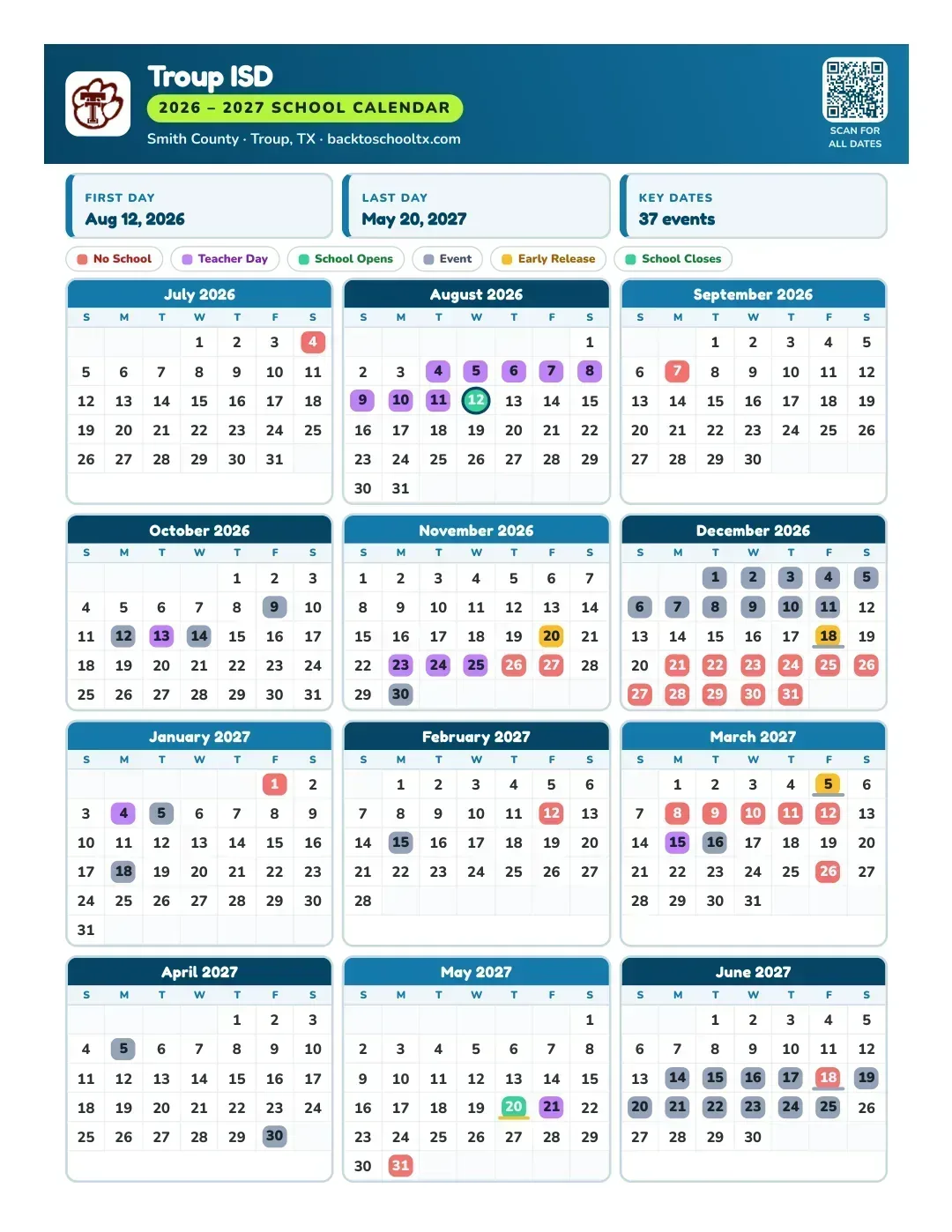 Troup ISD Calendar for the Year 26-27