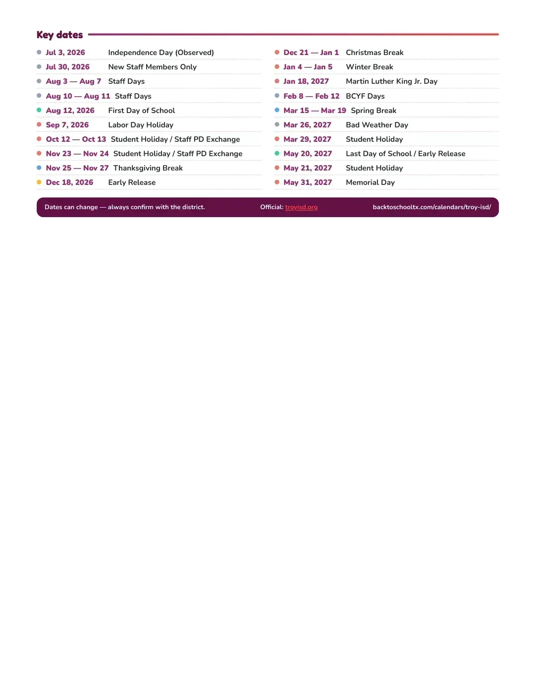 Troy ISD Calendar for the Year 26-27 — key dates