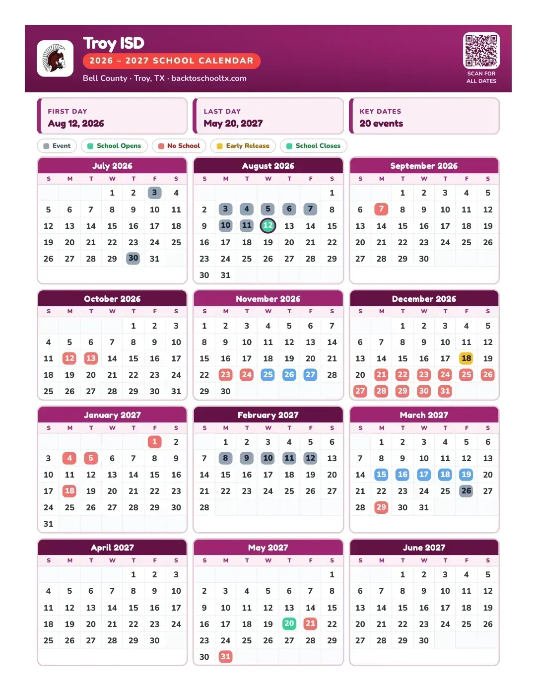 Troy ISD Calendar for the Year 26-27