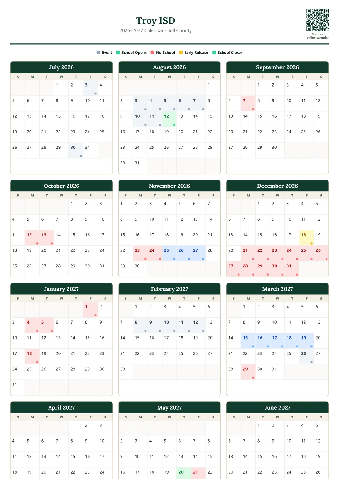 Troy ISD printable 2026–2027 calendar