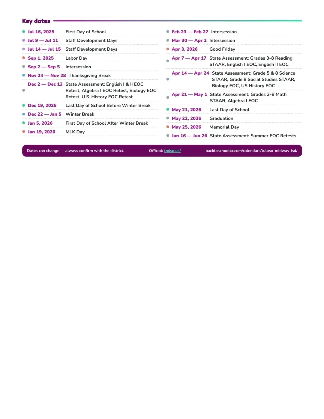 Tuloso-midway ISD Calendar for the Year 26-27 — key dates