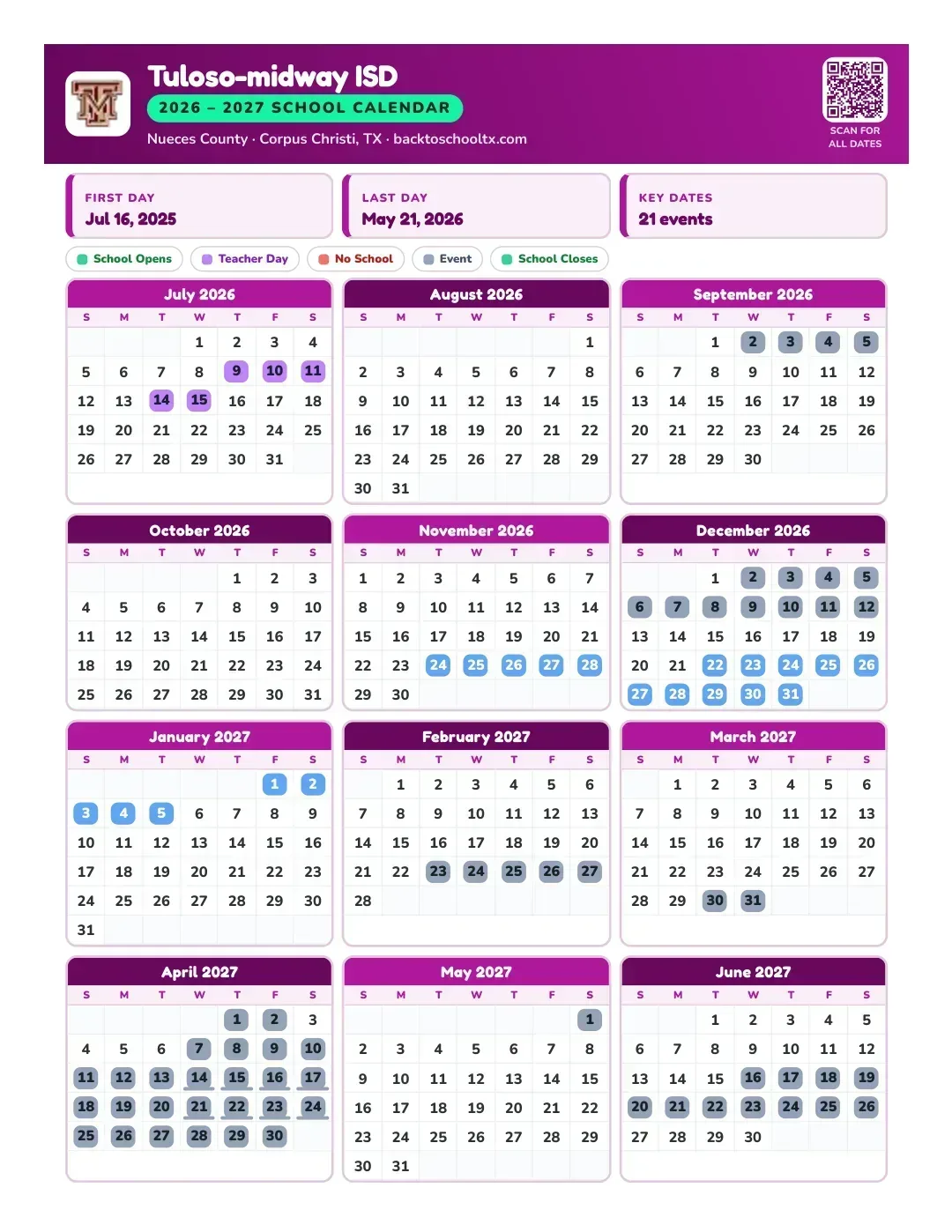 Tuloso-midway ISD Calendar for the Year 26-27