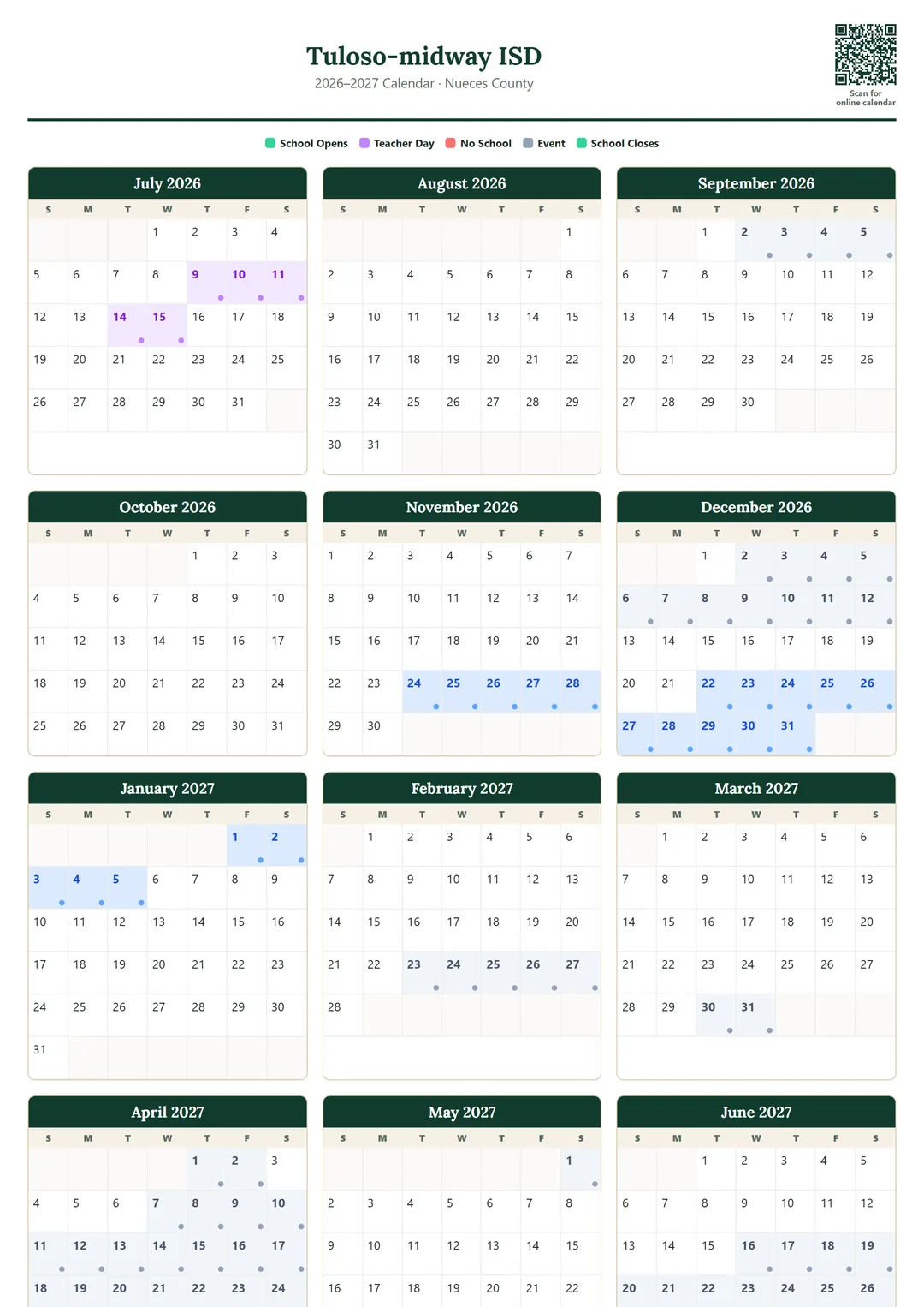 Tuloso-midway ISD printable 2026–2027 calendar