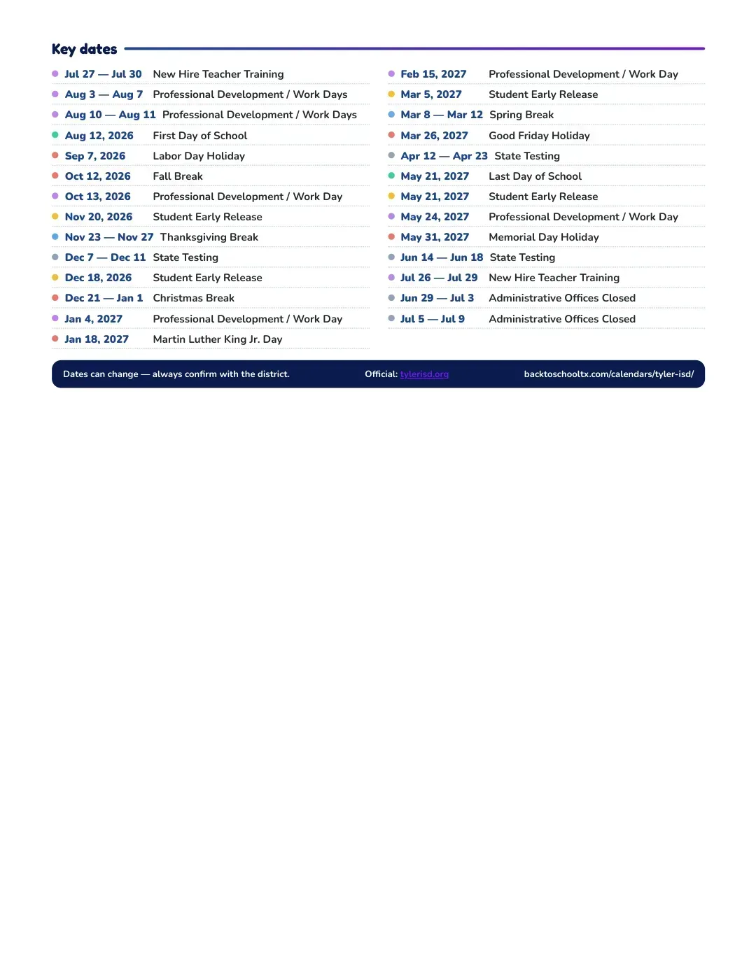 Tyler ISD Calendar for the Year 26-27 — key dates