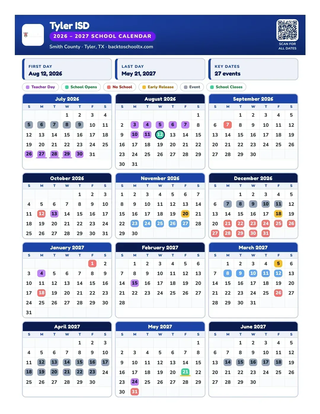Tyler ISD Calendar for the Year 26-27