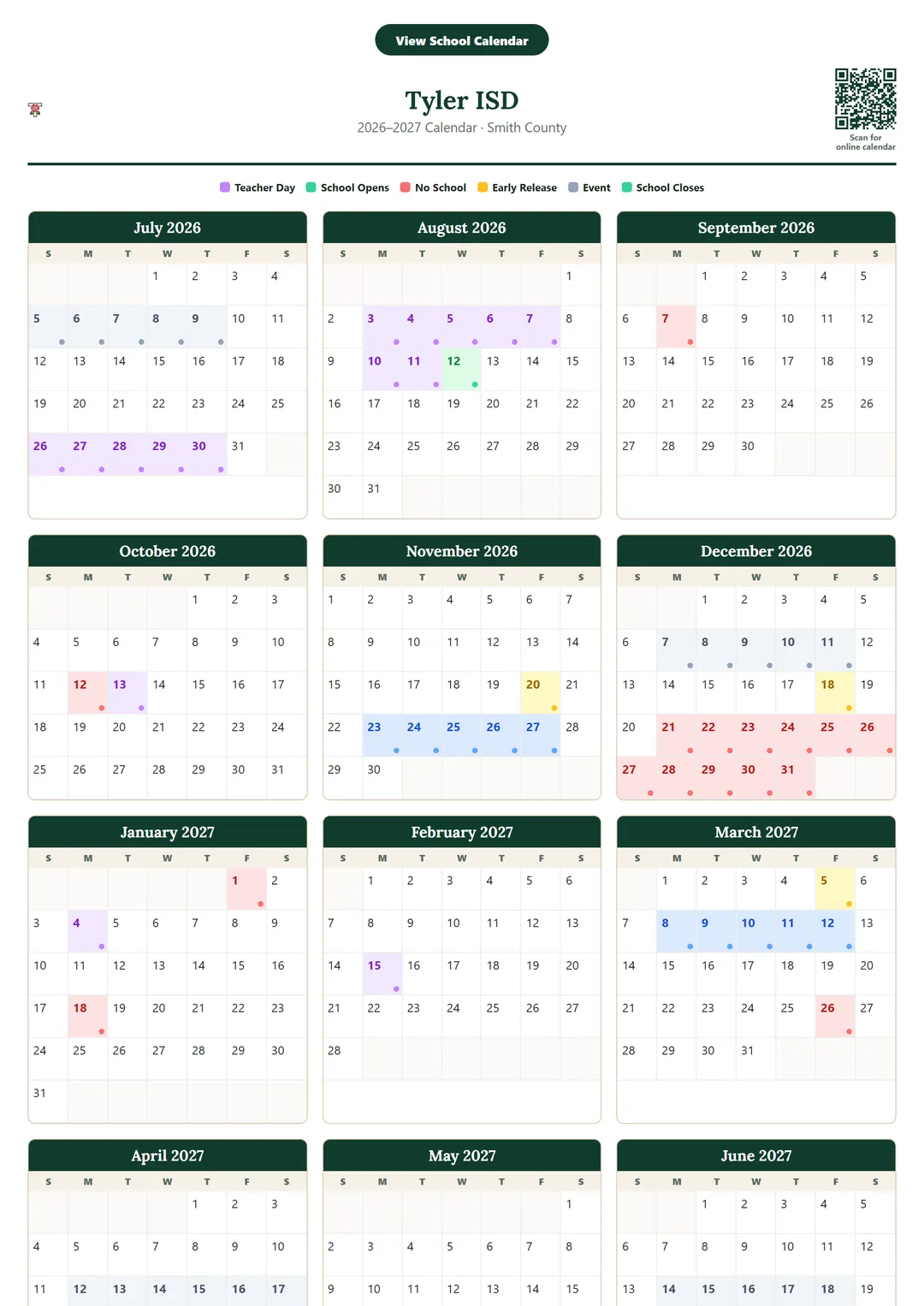 Tyler ISD printable 2026–2027 calendar