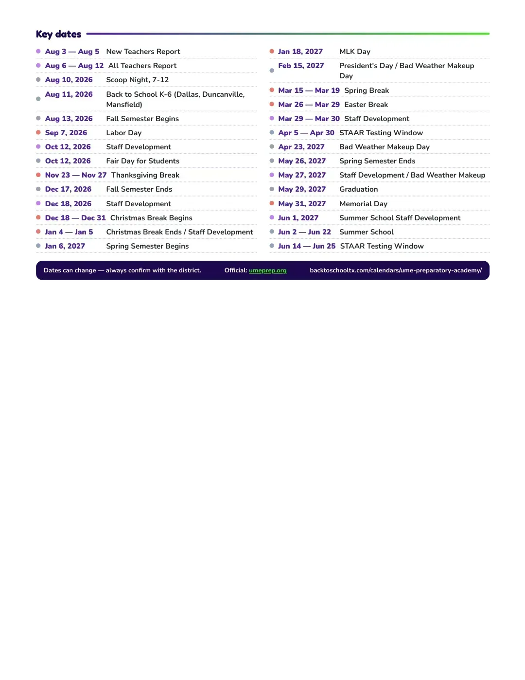 Ume Preparatory Academy Calendar for the Year 26-27 — key dates
