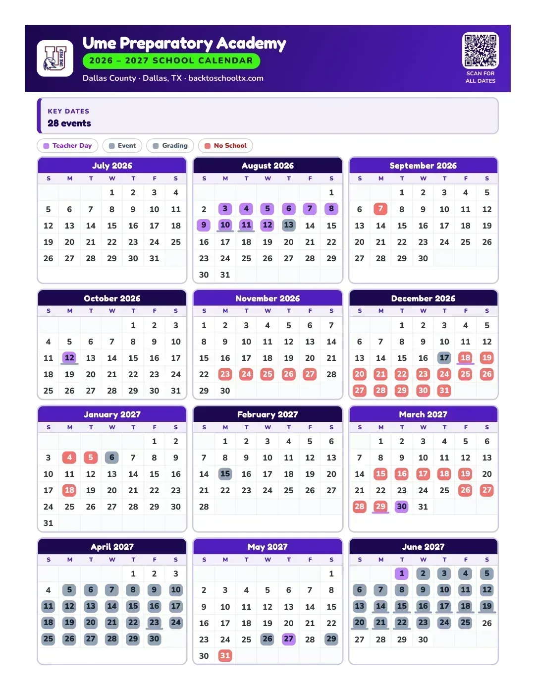 Ume Preparatory Academy Calendar for the Year 26-27
