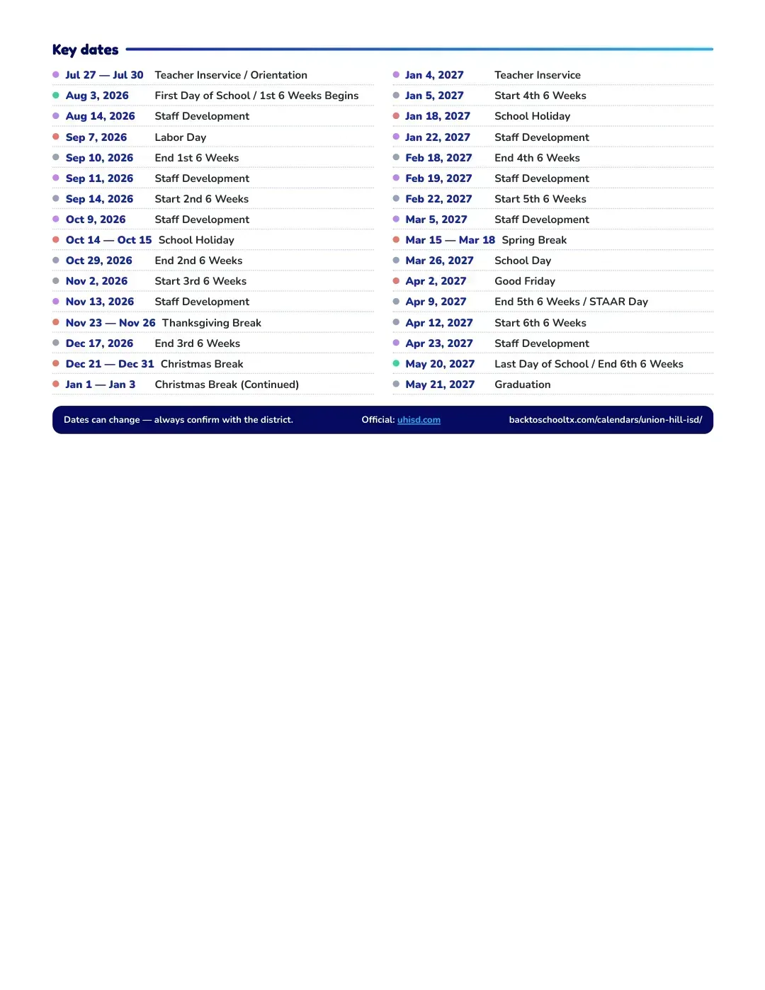 Union Hill ISD Calendar for the Year 26-27 — key dates