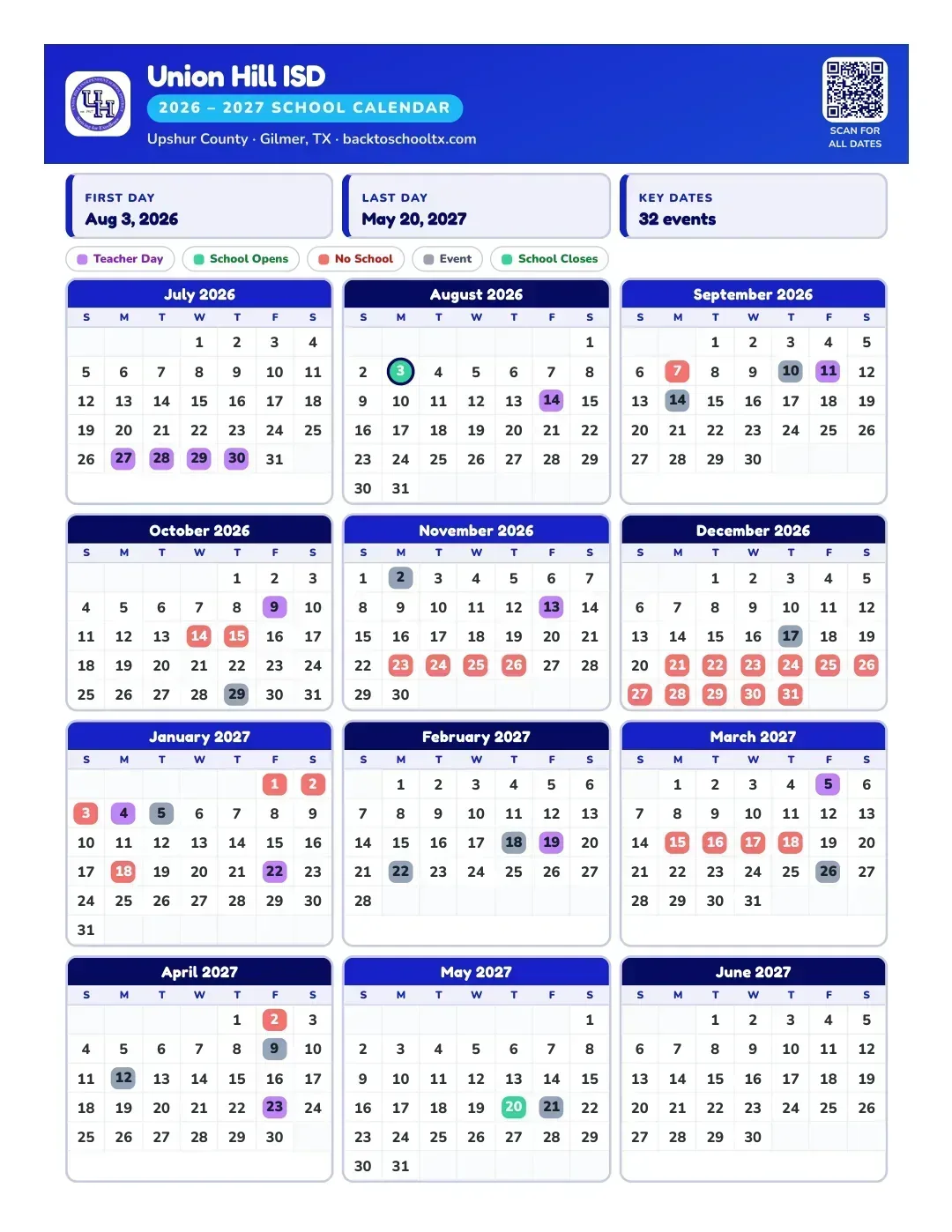 Union Hill ISD Calendar for the Year 26-27