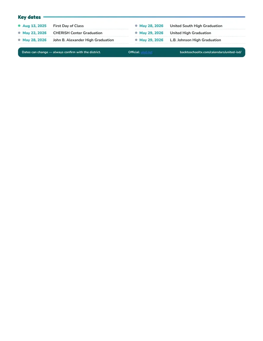United ISD Calendar for the Year 26-27 — key dates