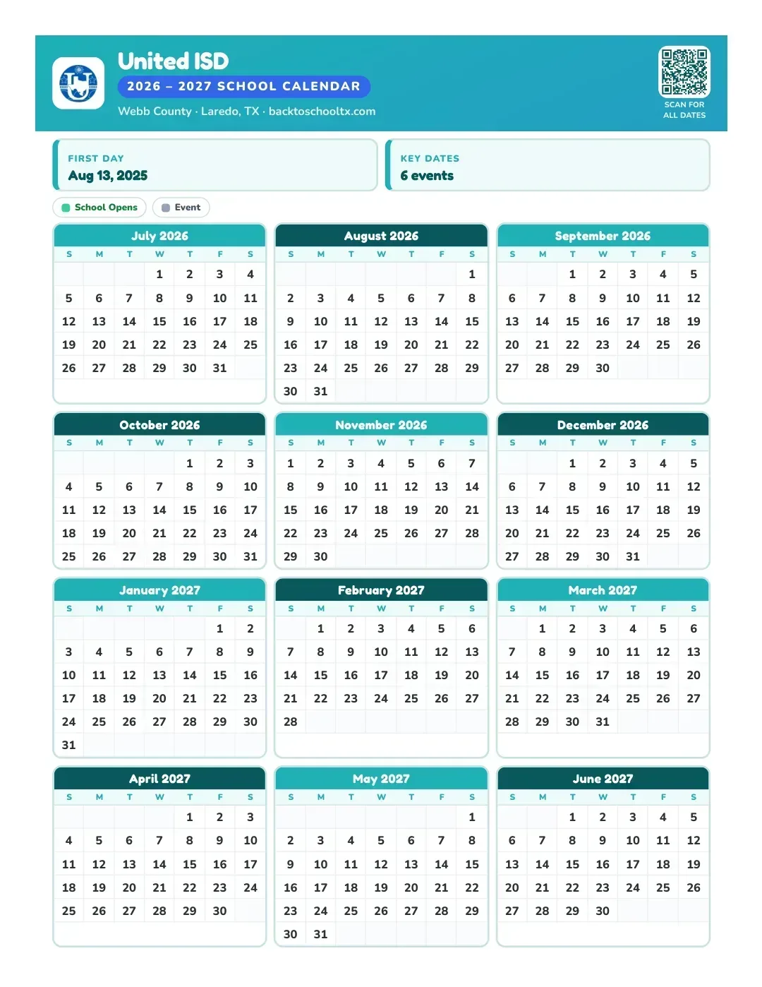 United ISD Calendar for the Year 26-27