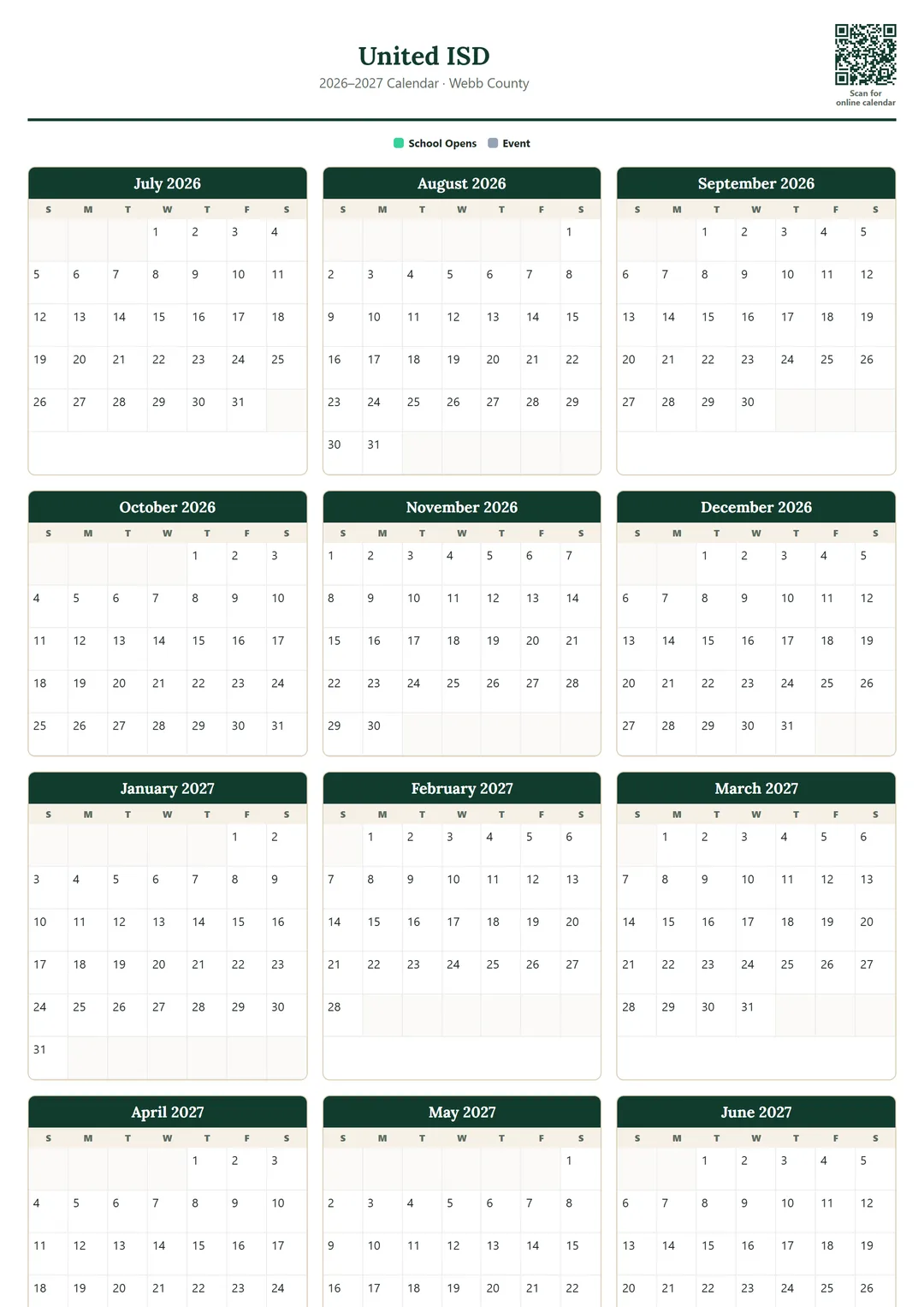 United ISD printable 2026–2027 calendar