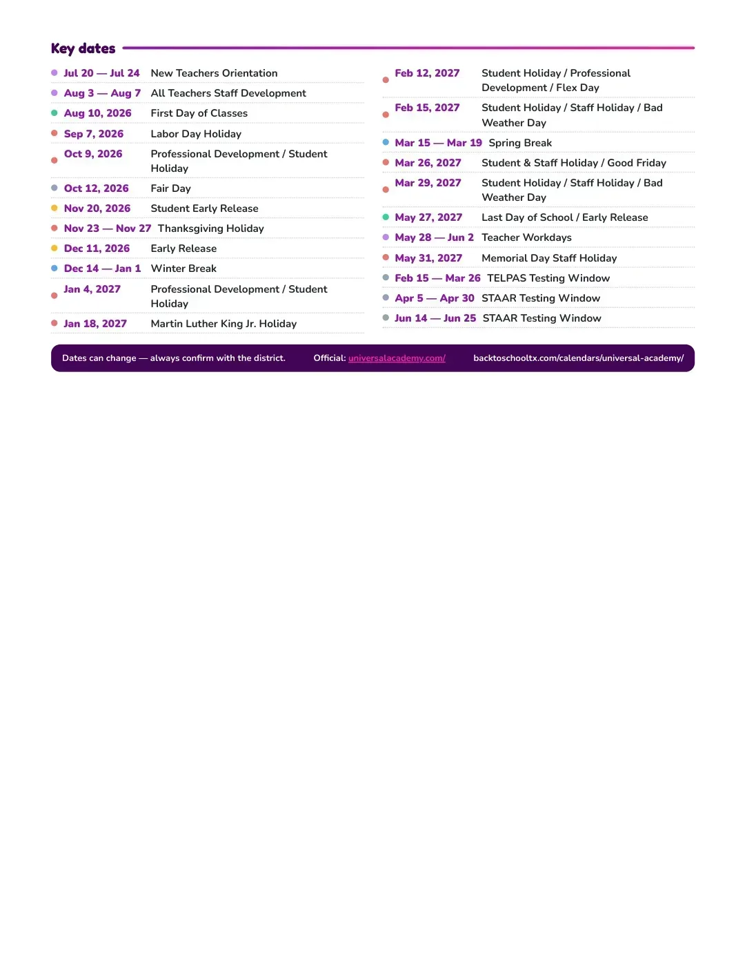 Universal Academy Calendar for the Year 26-27 — key dates