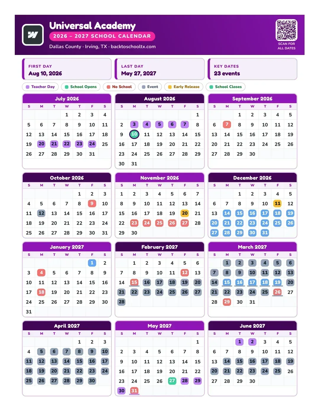 Universal Academy Calendar for the Year 26-27