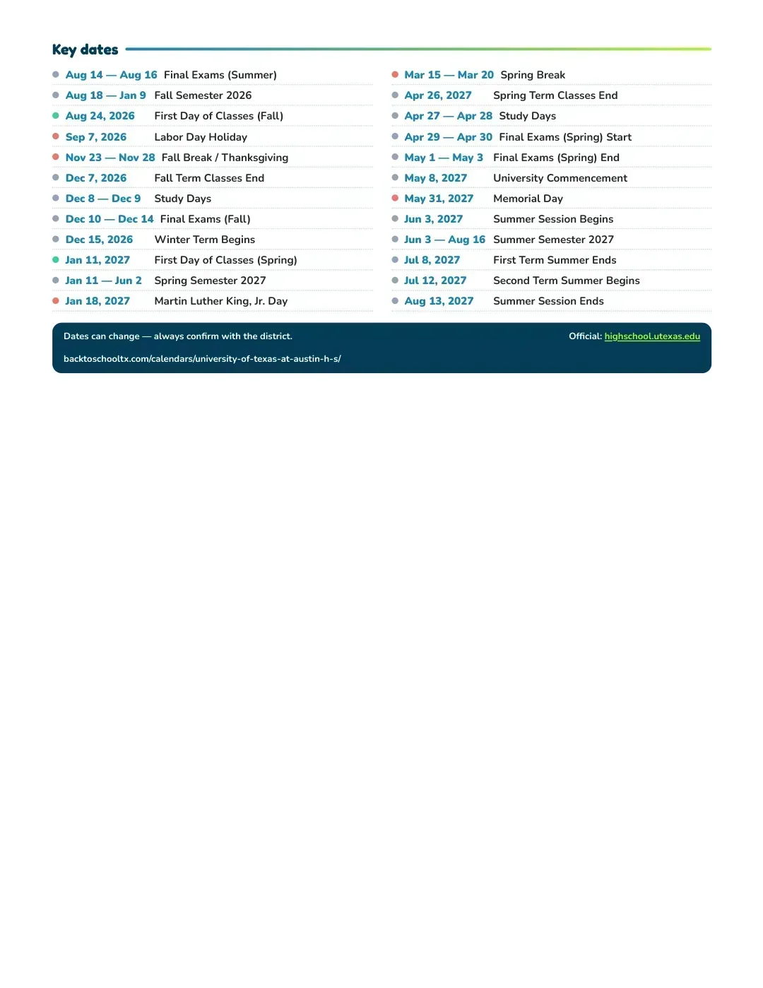 University Of Texas At Austin H S Calendar for the Year 26-27 — key dates