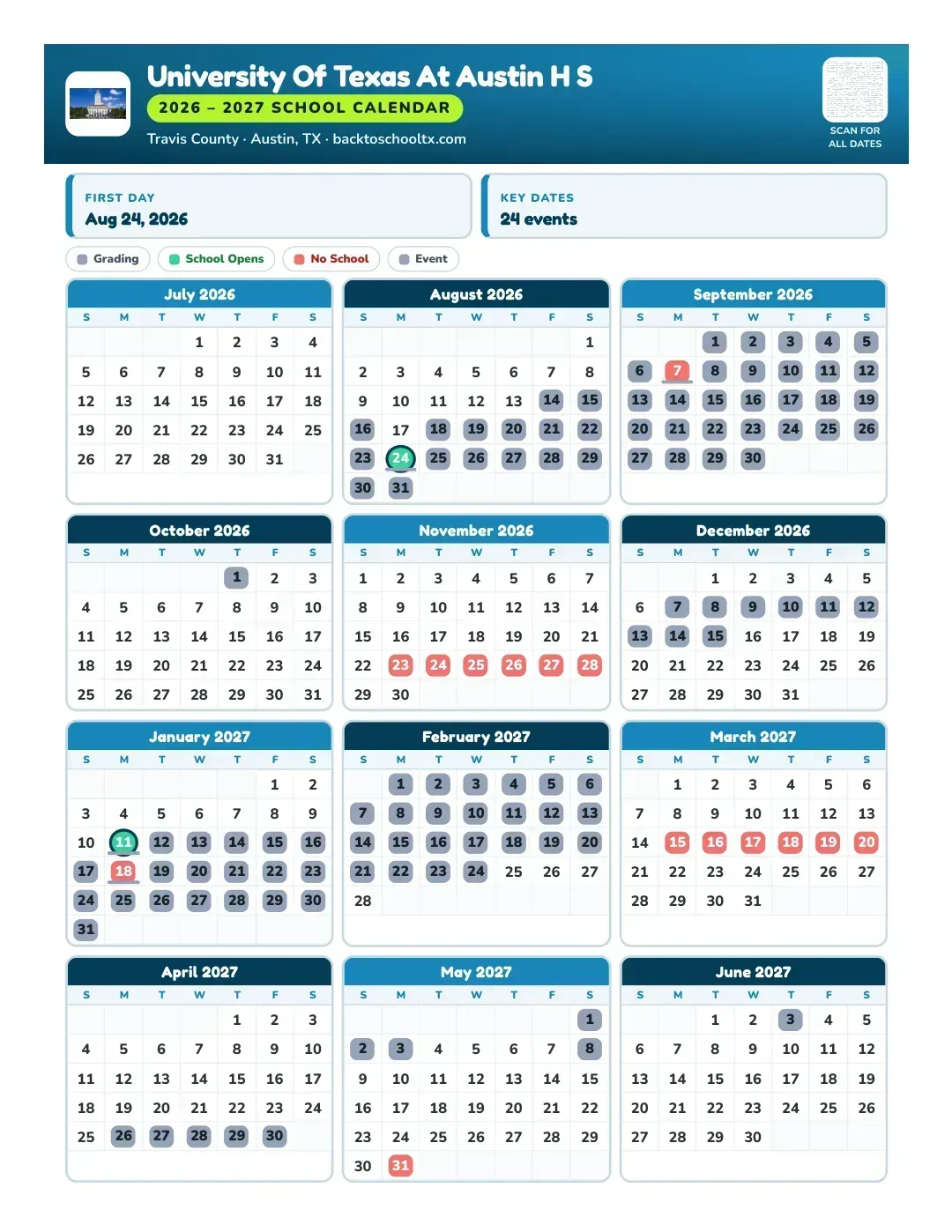 University Of Texas At Austin H S Calendar for the Year 26-27