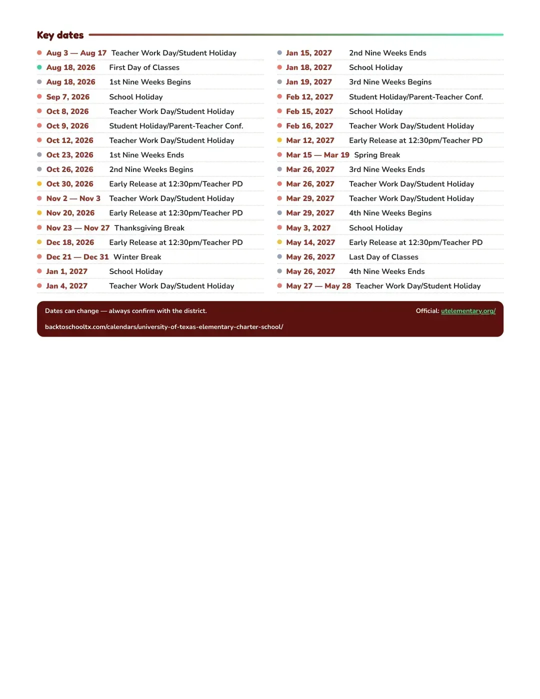 University Of Texas Elementary Charter School Calendar for the Year 26-27 — key dates