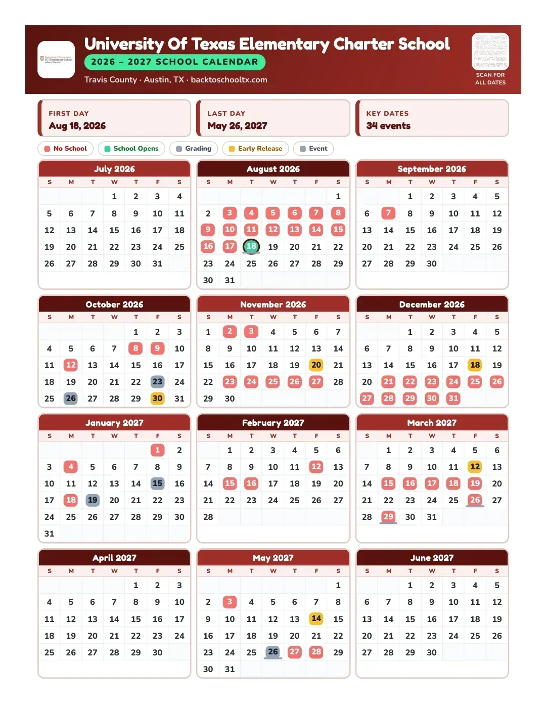 University Of Texas Elementary Charter School Calendar for the Year 26-27